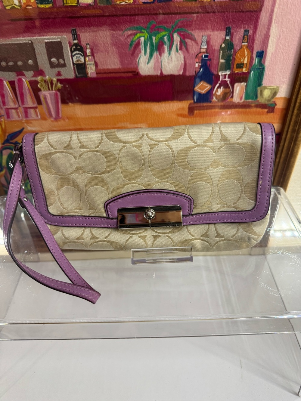 Coach Kristen Signature Canvas Wristlet in Beige with Lavender Trim EUC